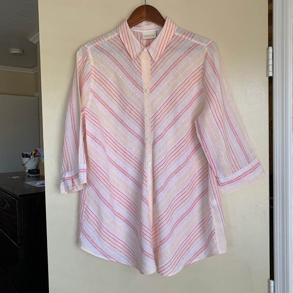 Chico's 100% Line Striped Button Down Shirt 2 or M-L Tunic Coastal Travel Top - Picture 1 of 16